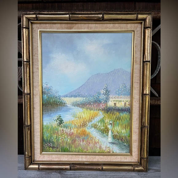 Other - Serene Pastel Landscape Impressionist Oil Painting by Dubois with Bamboo Frame